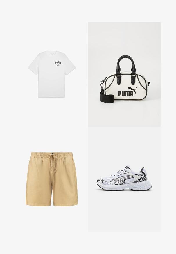 Balta kokvilnas T-krekls ar īsām piedurknēm un apaļu kakla izgriezumu, ar melnu drukātu logo uz krūšu daļas. Vienkāršs, klasiskā dizaina krekls.; Bežīgi šorti ar elastīgu jostasvietu un auklu. Izgatavoti no viegla auduma ar gludu tekstūru. Vienkāršs dizains, bez rakstiem.; Balti sporta apavi ar melniem akcentiem. Mežģīņu un sintētiska augšdaļa, bieza zole un izliekta dizaina. Iekļauj mežģīņu priekšu un logo detaļas.; Baltas rokassomu ar melniem akcentiem, kurā ir Puma logo. Īsi, apaļi rokturi un noņemama siksna, izgatavota no teksturēta sintētiska materiāla.
