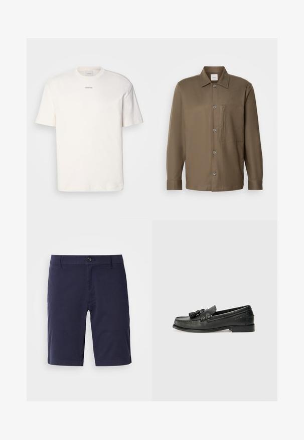Hvit bomulls T-skjorte med rund hals, korte ermer og brodert "Calvin Klein" logo i midten av brystet. Enkel design.; Brun skjorte med knappestolpe, krage, lange ermer, brystlomme og glatt tekstur. Har grå knapper langs fronten.; Mørkeblå shorts med flat front, knappelukking og sidelommer. Laget av lettstoff med en glatt tekstur.; Svarte lærloafers med avrundet tå, dekorative kvastdetaljer og en quiltet design. Flat såle med subtil merkevare på siden.
