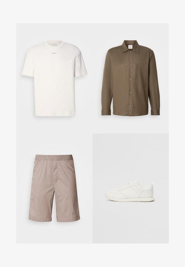 Weißes Baumwoll-T-Shirt mit rundem Ausschnitt, kurzen Ärmeln und gesticktem "Calvin Klein"-Logo in der Mitte der Brust. Schlichtes Design.; Braunes Hemd mit Knopfleiste, Kragen, langen Ärmeln, einer Brusttasche und glatter Textur. Mit grauen Knöpfen entlang der Vorderseite.; Beige Shorts mit elastischem Bund, glatter Textur, knielangem Schnitt und ohne sichtbare Muster oder Hardwaredetails.; Weißer Sneaker mit einem Obermaterial aus Mesh und Synthetik, runder Zehenform, flachen Schnürsenkeln und einem strukturierten Seitenstreifen. Gummisohle mit einer Lasche hinten.