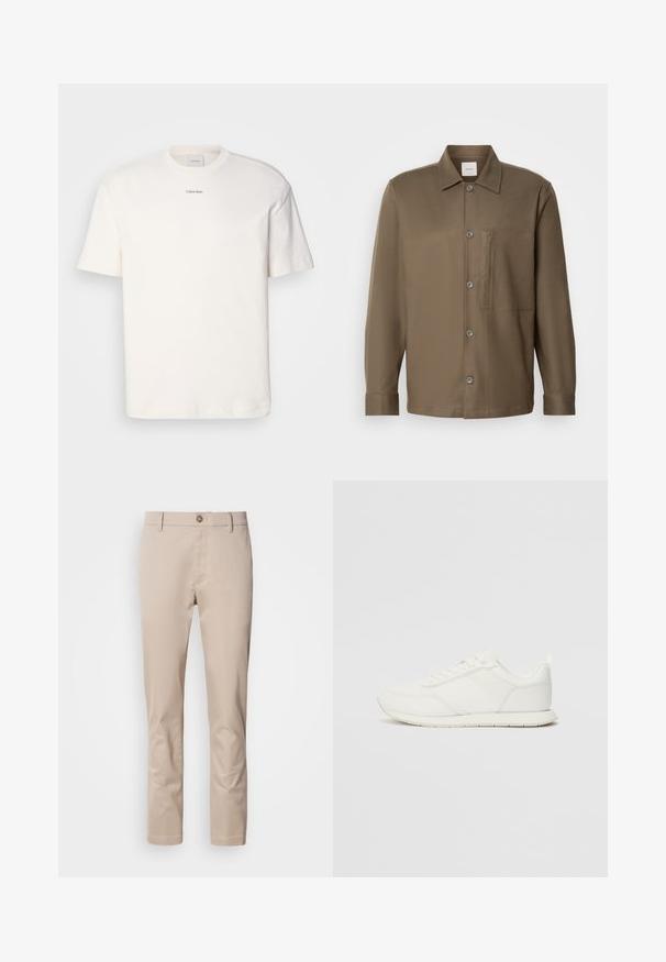 Biely bavlnený tričko s okrúhlym výstrihom, krátkymi rukávmi a vyšívaným logom "Calvin Klein" na strede hrude. Jednoduchý dizajn.; Hnedá košeľa na gombíky s golierom, dlhými rukávmi, náprsníkom a hladkým povrchom. Má sivé gombíky pozdĺž prednej časti.; Béžové bavlnené chinos nohavice so strihom rovného strihu, pútka na opasok, jeden predný gombík a hladký, beztextúrny povrch. Žiadne vrecká nie sú viditeľné.; Biele tenisky s sieťovaným a syntetickým zvrškom, okrúly špička, ploché šnúrky a štruktúrovaný pruh na boku. Gumová podrážka s pútkom na zadnej strane.