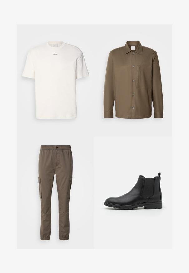 T-shirt bianca in cotone con scollo rotondo, maniche corte e logo ricamato "Calvin Klein" al centro del petto. Design semplice.; Camicia marrone con bottoni, colletto, maniche lunghe, taschino sul petto e texture liscia. Presenta bottoni grigi lungo la parte anteriore.; Pantaloni cargo di un colore marrone tenue, con cintura elastica, tasche laterali e una texture liscia. Design leggero e informale.; Stivale Chelsea in pelle nera con pannelli laterali elasticizzati e un ciondolo sul tallone, caratterizzato da una punta arrotondata e una suola in gomma testurizzata.