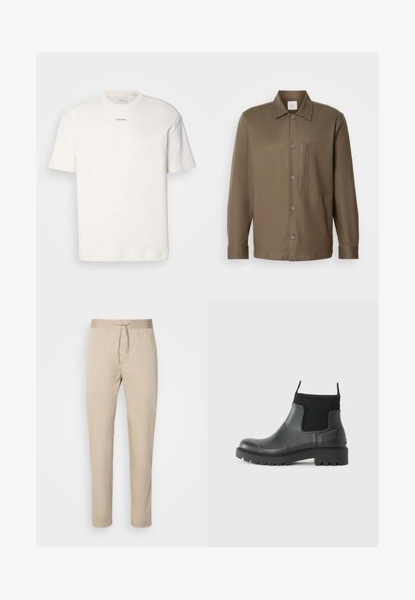 Balta medvilninė marškinėlių suapvalintu kaklu, trumpomis rankovėmis ir siuvinėtu "Calvin Klein" logotipu krūtinės centre. Paprastas dizainas.; Ruda mygtukų marška su apykakle, ilgomisRankovėmis, krūtine kišenė ir lygia tekstūra. Yra pilki mygtukai priekyje.; Bežinės kelnės su elastinga juosmeniu ir raišteliu. Turi tiesią kojos dizainą, pagamintos iš lygaus audinio.; Juodos gumos aulinukai iki kulkšnies, matinio paviršiaus, su dailiu dizainu, elastingomis detalėmis ir stambiu padu, užtikrinančiu sukibimą.