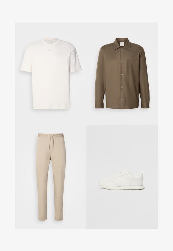 Biała bawełniana koszulka z okrągłym dekoltem, krótkimi rękawami i haftowanym logo "Calvin Klein" na środku klatki piersiowej. Prosty wzór.; Brązowa koszula zapinana na guziki z kołnierzykiem, długimi rękawami, kieszenią na piersi i gładką fakturą. Posiada szare guziki z przodu.; Beżowe spodnie z elastycznym pasem i sznurkiem. Posiadają prosty krój nogawki, wykonane z gładkiego materiału.; Białe trampki z siateczkową i syntetyczną cholewką, okrągłym noskiem, płaskimi sznurowadłami oraz teksturowanym paskiem bocznym. Gumowa podeszwa z pętelką z tyłu.