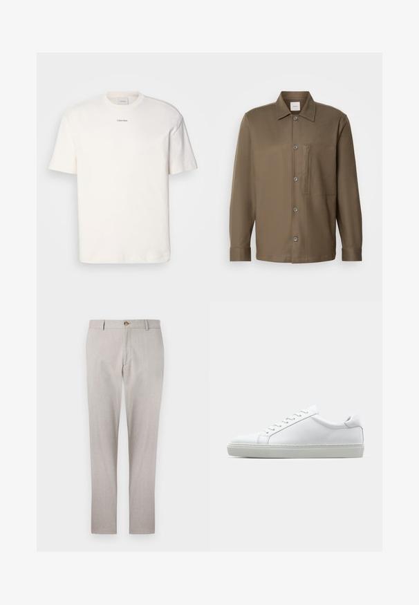 Bílá bavlněná tričko s kulatým výstřihem, krátkými rukávy a vyšitým logem "Calvin Klein" na prostředku hrudi. Jednoduchý design.; Hnědá košile na knoflíky s límečkem, dlouhými rukávy, náprsní kapsou a hladkým povrchem. Obsahuje šedé knoflíky na přední straně.; Světle šedé lněné kalhoty s upraveným střihem, zapínáním na knoflík, bočními kapsami a rovnými nohavicemi. Měkká textura a minimální švy.; Bílé tenisky s hladkým koženým svrškem a nízkým profilem. Mají zaoblenou špičku, šest nýtů a texturovanou gumovou podrážku.