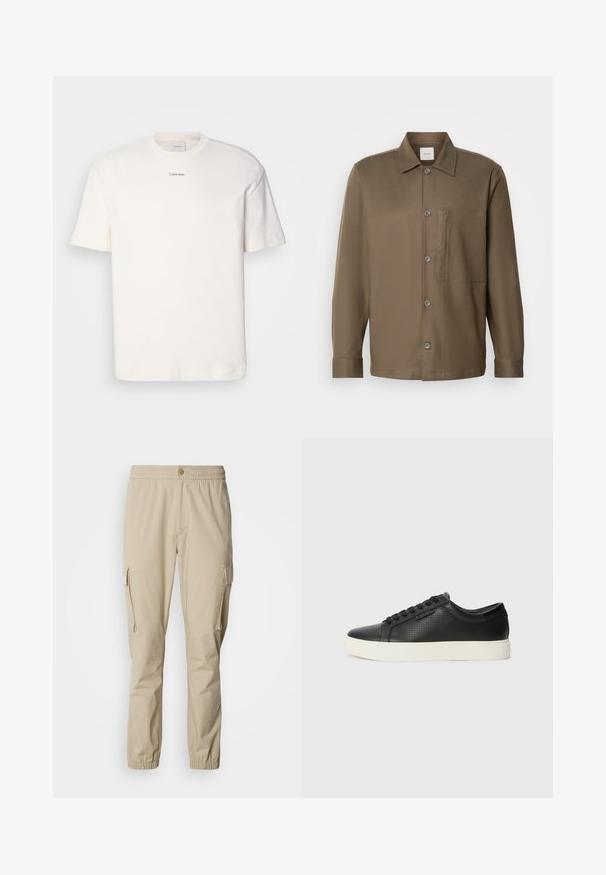 Hvit bomulls T-skjorte med rund hals, korte ermer og brodert "Calvin Klein" logo i midten av brystet. Enkel design.; Brun skjorte med knappestolpe, krage, lange ermer, brystlomme og glatt tekstur. Har grå knapper langs fronten.; Beige cargo bukser med elastisk talje, knaplukning, sidelommer og elastiske manchetter ved anklerne, lavet af letvægtsstof.; Sorte lær sneakers med perforert tekstur, rund tå og flat hvit gummisåle. Har sorte snørebånd og en subtil logo på siden.
