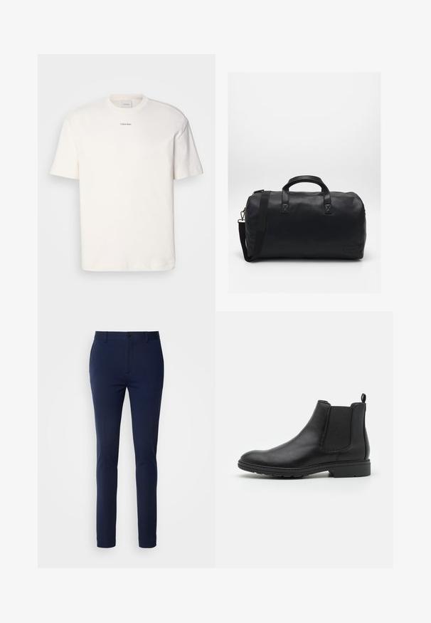 Fehér pamut póló, kerek nyakkal, rövid ujjakkal és hímezett "Calvin Klein" logóval a mellkas közepén. Egyszerű design.; Tengerészeti kék, karcsú szabású nadrág, sima elülső résszel, cipzáros záródással és gombbal. Kényelmes, sima, rugalmas anyagból készült.; Fekete bőr Chelsea csizma, elasztikus oldalpanellel és húzófüllel, lekerekített orral és texturált gumitalppal.; Fekete sporttáska textúrált szintetikus anyagból. Két fogantyúval és állítható vállpánttal rendelkezik. Egyszerű kialakítás, látható minták nélkül.