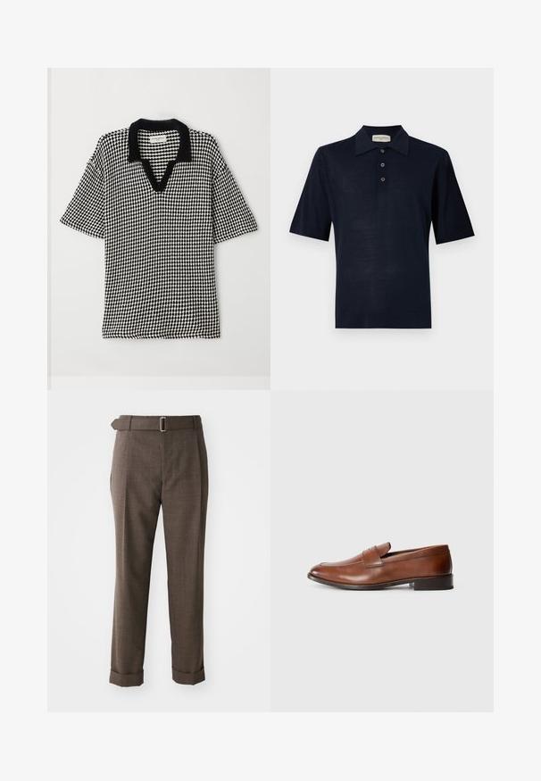 Fekete-fehér póló, sakktáblaszerű mintázattal, v-nyakkivágással és kontrasztos fekete gallérral. Rövid, széles ujjai kényelmes illeszkedést biztosítanak.; Sötétkék pólóing puha anyagból, klasszikus gallérral, három gombos kivitelben és rövid ujjal. Simaság, minimális dizájn.; Barna, szabott nadrág, melynek textúrált anyaga van, övvel és felhajtott szegőkkel. A design sima elülső résszel és oldalsó zsebbel rendelkezik.; Barna bőr loaferek lekerekített orral, minimális varrással és alacsony blokk sarkú kialakítással. Díszítő pánt található a felsőrészen.