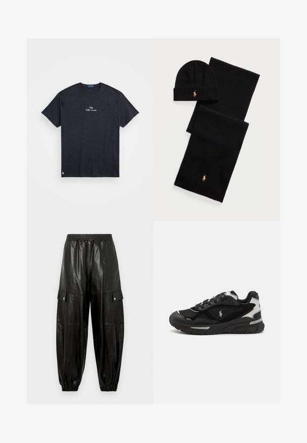 Tmavě šedé bavlněné tričko s krátkým rukávem, kulatým výstřihem, se vyšívaným logem "Polo Ralph Lauren" na hrudi a malým logem na lemu.; Černé kalhoty typu cargo z umělé kůže s elastickým pasem, kapsami na bocích se zapínáním na cvočky a elastickými manžetami u kotníků.; Černé tenisky s vrškem z polyesterové síťoviny a syntetických materiálů, zakulacenou špičkou, texturovanými detaily a stříbrným logem na patě.; Černá pletená čepice a šála. Má žebrovanou strukturu a zlaté logo jako akcenty. Měkká tkanina s elegantním designem, vhodná do chladného počasí.