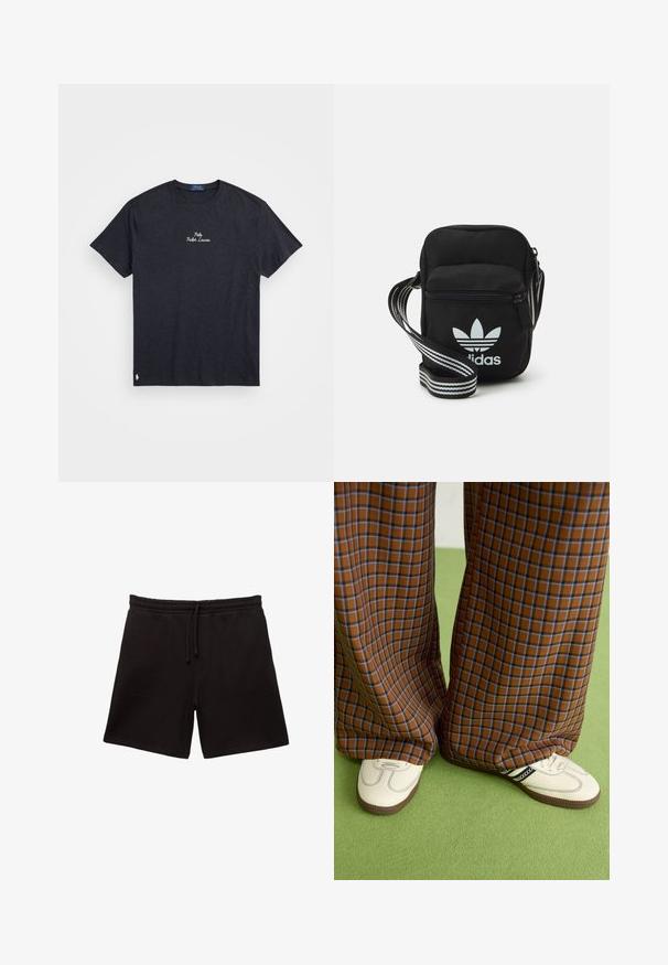 Tmavě šedé bavlněné tričko s krátkým rukávem, kulatým výstřihem, se vyšívaným logem "Polo Ralph Lauren" na hrudi a malým logem na lemu.; Černé bavlněné šortky s elastickým pasem na šňůrku, obsahující dvě přední kapsy a příjemnou, hladkou texturu.; Hnědo-modré kostkované široké kalhoty doplněné bílými botami s černými akcenty a texturovanou podrážkou, umístěné na zeleném pozadí.; Černá crossbody taška z látky se zipovým uzávěrem, obsahující bílé logo Adidas a pruhovaný nastavitelný popruh pro snadné nošení.