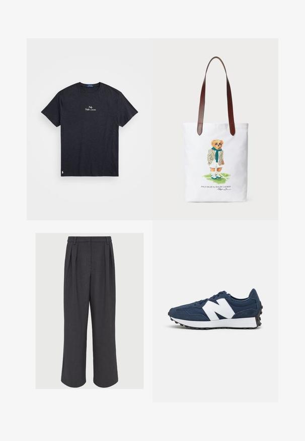 Sötétszürke pamut póló rövid ujjakkal, kerek nyakkivágással, hímzett "Polo Ralph Lauren" logóval a mellen és kis logóval az alsó szegélyen.; Sötét szürke anyagú, bő szárú nadrág, elöl pliszírozott részletekkel, sima textúrával és övcsatolókkal ellátott, szabott derékkal.; Tengerészkék sportcipők fehér logóval, velúr és hálós felsőrésszel, párnázott bokaRésszel, lapos fűzőkkel és textúrázott fekete gumitalppal.; Vászontáska, amelyen egy zöld sálat és blézert viselő mesebeli medve látható, barna bőr vállpántokkal. Fehér háttér, nyomtatott mintával.
