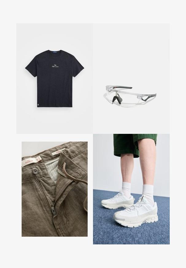 Sötétszürke pamut póló rövid ujjakkal, kerek nyakkivágással, hímzett "Polo Ralph Lauren" logóval a mellen és kis logóval az alsó szegélyen.; Barna vászon nadrág, elülső cipzárral, gombos zárással és csíkos bélés részlettel. Tartalmaz varrási részleteket és címkéket.; Fehér sportcipők texturált burkolattal, vastag talppal és szürke részletekkel. Fehér sportzoknival és zöld rövidnadrággal viselve, kék felületen.; Áttetsző, könnyű keretes biztonsági szemüveg szürke kiegészítőkkel. Wraparound kialakítással és állítható orrnyereggel rendelkezik.