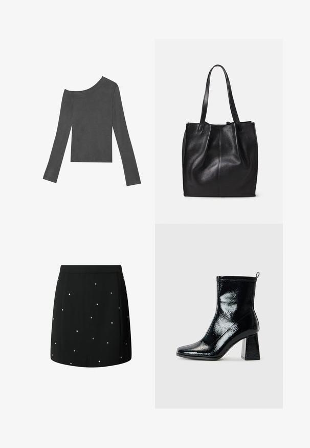 Sivi dukserica dugih rukava s dizajnom bez ramena. Izrađena od mekog materijala s glatkom teksturom i ravnim rubom.; Crna suknja od tkanine glatke teksture, s raspršenim srebrnim zakovicama kao akcentima. Ravnog kroja s čistim rubom.; Crne lakirane čizme do gležnja sa četvrtastim prstom i masivnom geometrijskom petom. Imaju glatku, sjajnu teksturu i stražnju traku za lakše obuvanje.; Crna kožna torba sa teksturiranom površinom, jednim odjeljkom i dvije duge drške. Mekan, nestrukturiran oblik bez vidljivih metalnih dijelova.