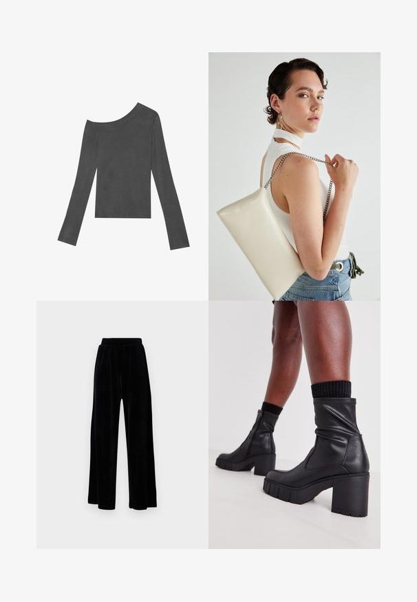 Grå, langermet topp med off-shoulder-design. Laget av myk stoff med en jevn tekstur og rett snitt i kanten.; Sorte vide bukser laget av myk vernet, med elastisk midjebånd og en jevn tekstur, uten synlige detaljer eller mønstre.; Sorte skinn ankelsko med et slitt design, kraftig høy hæl og teksturert gummisåle. Har glidelås på siden.; Hvit rektangulær clutch-veske laget av blankt materiale, med en sølvkjede-stropp. Modellen poserer og viser vesken mot en ensfarget bakgrunn.