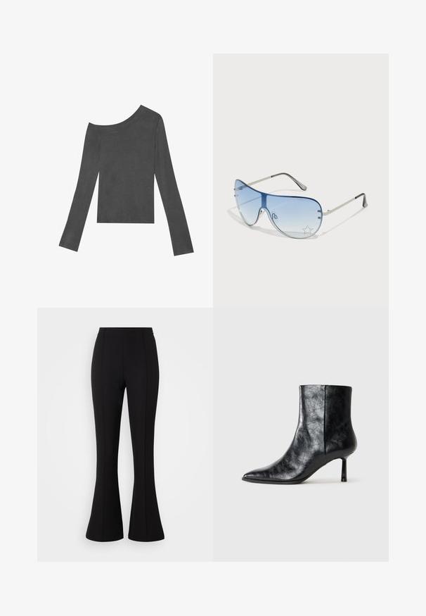 Haut gris à manches longues avec un design dénudé sur les épaules. Fabriqué en tissu doux avec une texture lisse et un ourlet droit.; Pantalons évasés noirs fabriqués en tissu extensible, avec une texture lisse, taille haute et des coutures décoratives à l'avant.; Bottine en cuir noir avec un bout pointu et un petit talon fin. Dotée d'une surface texturée et d'un design épuré avec un côté sans couture.; Lunettes de soleil aviateur avec des verres dégradés bleus, une monture en métal argenté et des accents décoratifs en forme d'étoile sur les verres. Design lisse et élégant.