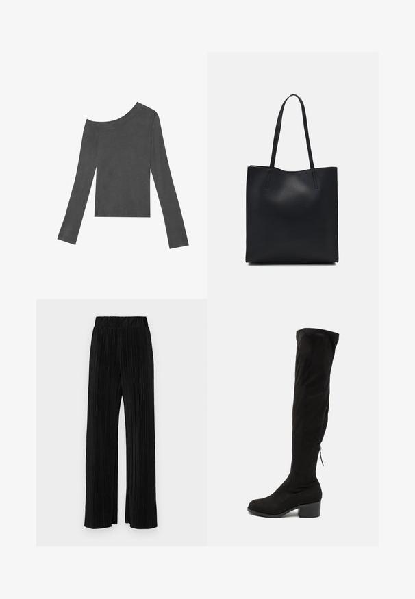 Top gri, cu mâneci lungi și design off-shoulder. Fabricat dintr-un material moale, cu o textură netedă și un tiv drept.; Pantaloni negri plisati cu talie elastică. Prezintă picioare largi și un material neted, texturat, cu dungi verticale.; Cizmă neagră peste genunchi, confecționată dintr-un material suede moale, cu toc bloc și fermoar pe lateral pentru o purtare ușoară. Textură netedă.; Geantă tote neagră din piele, cu textură netedă, formă rectangulară și două mânere lungi. Fără hardware vizibil sau ornamente.
