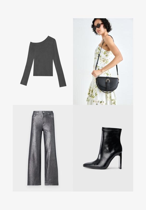 Top gri, cu mâneci lungi și design off-shoulder. Fabricat dintr-un material moale, cu o textură netedă și un tiv drept.; Jeans lățimi din metalizat argintiu, cu talie înaltă, având cinci buzunare și închidere cu buton. Materialul are o textură netedă și strălucitoare.; Botă neagră din piele, cu vârful ascuțit și toc transparent înalt. Textură netedă și detalii minime de cusătură pe partea superioară.; Geantă din piele neagră, cu o formă curbată, curea detașabilă și accesorii aurii. Geanta are un capac cu un detaliu tip cataramă.