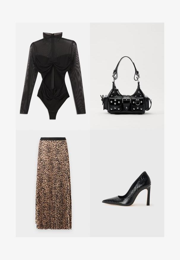 Black bodysuit with long sheer mesh sleeves, high collar, draped front detail, and a fitted bodice. Fastens at the base with snaps.; Pleated maxi skirt in beige with black leopard print. Features a black waistband, soft texture, and flowing design.; Black pointed-toe high heel shoe with a crocodile-skin texture, featuring a sleek design, high stiletto heel, and smooth black interior.; Black leather handbag with a curved design, featuring silver studs, a buckle, and two side pockets. Adjustable strap for carrying options.