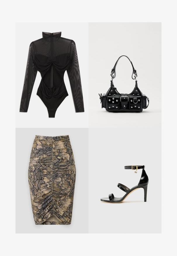 Fekete testharisnya hosszú áttetsző hálós ujjakkal, magas gallérral, drapírozott elülső részlettel és testhezálló fazonnal. Az alján patentokkal záródik.; Beige, barna és fekete árnyalatú kígyóbőrmintás ceruza szoknya. Oldalt redőzött, alján hasíték található. Sima textúrájú.; Fekete lakk bőr szandál három pánttal, bokapánttal és 10 cm magasságú tűsarokkal. Arany színű részletekkel és logó charm-mal rendelkezik.; Fekete bőr kézitáska ívelt designnal, ezüst szegecsekkel, csattal és két oldalsó zsebbel. Állítható vállpánt a hordozási lehetőségekhez.