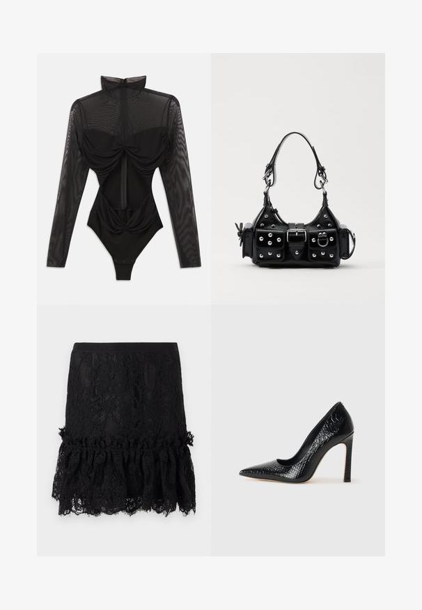 Black bodysuit with long sheer mesh sleeves, high collar, draped front detail, and a fitted bodice. Fastens at the base with snaps.; Black lace skirt with a structured top, featuring a ruffled lace hem. The fabric exhibits floral patterns and a smooth waistband.; Black pointed-toe high heel shoe with a crocodile-skin texture, featuring a sleek design, high stiletto heel, and smooth black interior.; Black leather handbag with a curved design, featuring silver studs, a buckle, and two side pockets. Adjustable strap for carrying options.