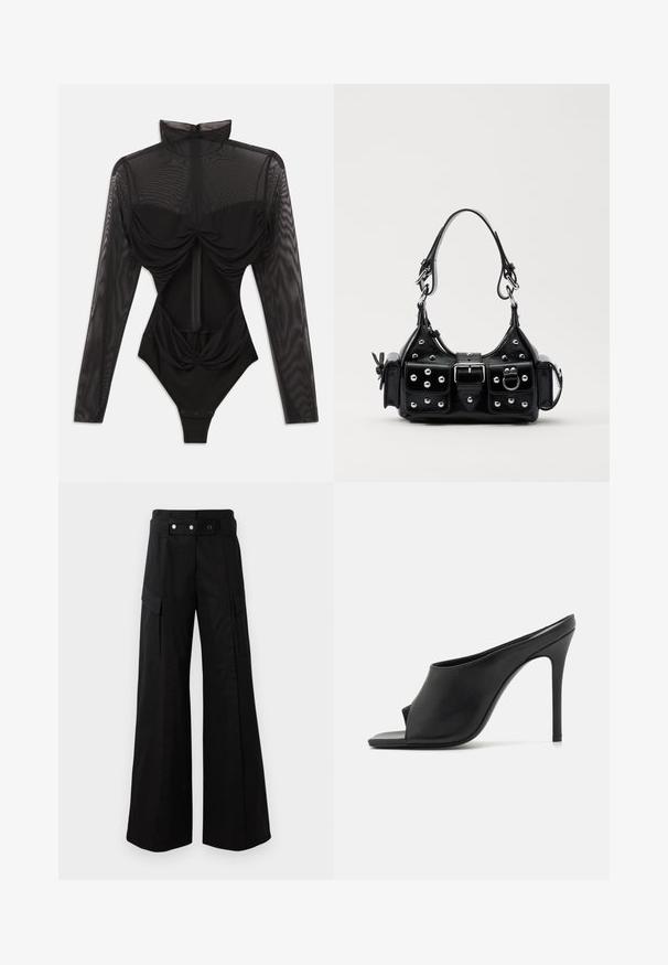 Black bodysuit with long sheer mesh sleeves, high collar, draped front detail, and a fitted bodice. Fastens at the base with snaps.; Black wide-leg pants with a high waistband, featuring large side pockets, two front buttons, and a loop detail. Made from sturdy fabric.; GIABORGHINI KEIRA - T-bar sandals - black; Black leather handbag with a curved design, featuring silver studs, a buckle, and two side pockets. Adjustable strap for carrying options.