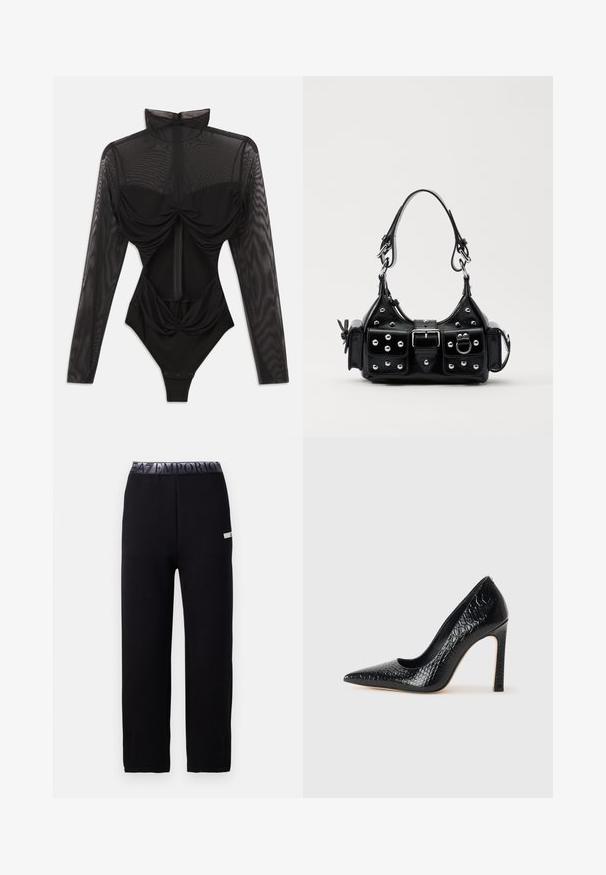 Čierny body s dlhými priehľadnými sieťovými rukávmi, vysokým golierom, drapériou vpredu a priliehavým korzetom. Zapína sa na spodnej časti pomocou patentiek.; Čierne tepláky s hladkou, mäkkou textúrou, s elastickým pásom so logom a bočnými detailmi. Priamy strih nohavíc.; Čierna lodička s špicatou špičkou a lakovanou textúrou krokodíla, s elegantným dizajnom, vysokým stiletto podpätkom a hladkým čiernym interiérom.; Čierna kožená kabelka s zakriveným dizajnom, doplnená striebornými cvočkami, prackou a dvoma bočnými vreckami. Nastaviteľný popruh poskytuje rôzne možnosti nosenia.