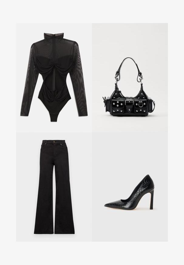 Čierny body s dlhými priehľadnými sieťovými rukávmi, vysokým golierom, drapériou vpredu a priliehavým korzetom. Zapína sa na spodnej časti pomocou patentiek.; Čierne rozšírené džínsy z denimu s vysokým pásom, s prednými vreckami a kovovými úpravami na gombíku a nitkách.; Čierna lodička s špicatou špičkou a lakovanou textúrou krokodíla, s elegantným dizajnom, vysokým stiletto podpätkom a hladkým čiernym interiérom.; Čierna kožená kabelka s zakriveným dizajnom, doplnená striebornými cvočkami, prackou a dvoma bočnými vreckami. Nastaviteľný popruh poskytuje rôzne možnosti nosenia.