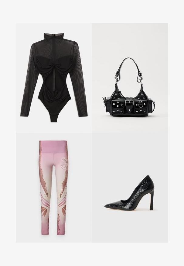 Black bodysuit with long sheer mesh sleeves, high collar, draped front detail, and a fitted bodice. Fastens at the base with snaps.; Pink leggings featuring a gradient design from light to dark, with floral patterns and decorative accents on the sides. Smooth texture.; Black pointed-toe high heel shoe with a crocodile-skin texture, featuring a sleek design, high stiletto heel, and smooth black interior.; Black leather handbag with a curved design, featuring silver studs, a buckle, and two side pockets. Adjustable strap for carrying options.