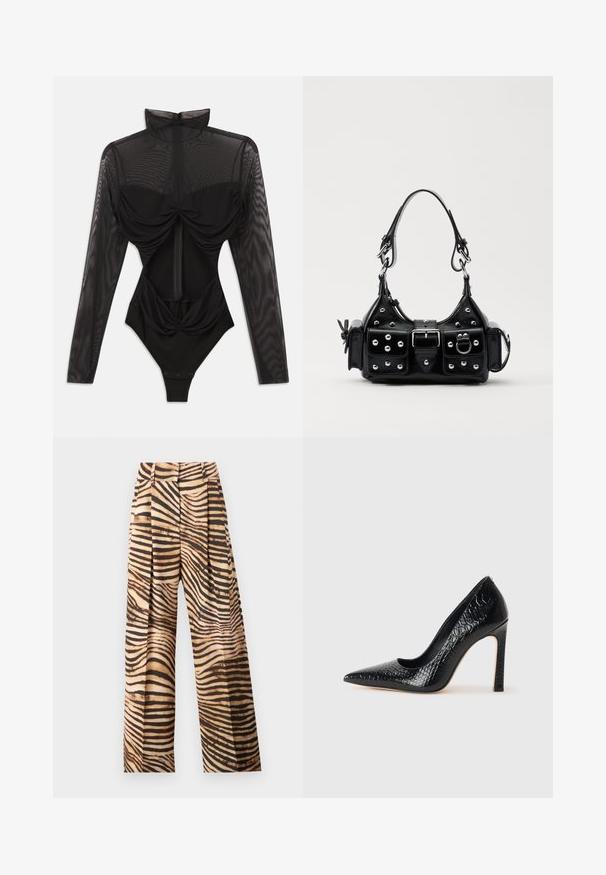 Black bodysuit with long sheer mesh sleeves, high collar, draped front detail, and a fitted bodice. Fastens at the base with snaps.; Wide-leg pants in a beige and brown zebra stripe pattern, featuring pleats, a high waist, and a smooth, shiny texture.; Black pointed-toe high heel shoe with a crocodile-skin texture, featuring a sleek design, high stiletto heel, and smooth black interior.; Black leather handbag with a curved design, featuring silver studs, a buckle, and two side pockets. Adjustable strap for carrying options.
