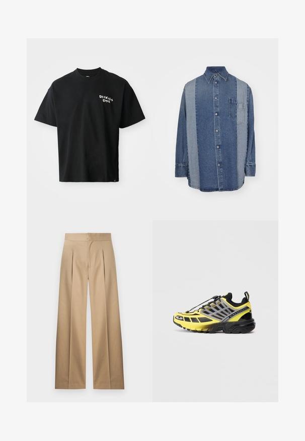 Črna majica s kratkimi rokavi iz bombaža, ohlapnega kroja. Na sprednji strani se nahaja bel logotip "Dickies". Ima okroglo ovratnika, enotne barve.; Denim srajca z dvotonskim dizajnom, ki vključuje temno in svetlo moder del, gumbi spredaj, ovratnik in žep na prsih.; Bež široke hlače s ploščatimi gubami, prilagojena zasnova in gladka bombažna tkanina. Imajo ravno pas in brez vidnih zapenjačev.; Črna in rumena atletska čevlja z mrežasto zgornjim delom, teksturiranim gumijastim podplatom in elastičnim vezalnim sistemom; ima logotip in detajle ob strani.