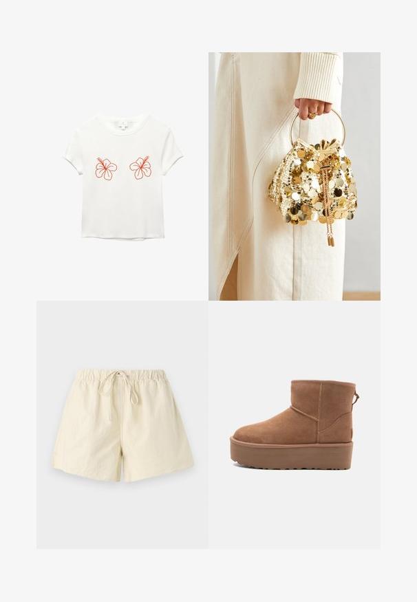 Biela krátkorpová tričko s dvoma vyšitými oranžovými hibiskusovými kvetmi na prednej strane. Mäkka látka s voľným strihom a kruhovým výstrihom.; Béžové šortky s elastickým pásom a šnúrkou na stiahnutie, s voľným strihom a hladkým povrchom. Žiadne viditeľné vrecká ani vzory.; Hnedé semišové členkové čižmy s platformou, okrúhlou špičkou a zdobením stehov; majú slučku zozadu pre jednoduché obúvanie.; Zlatá taška na šnurovanie so zaoblenou rukoväťou, zdobená lesklými okrúhlymi flitrami a texturovaným materiálom. Rozmery nie sú uvedené.