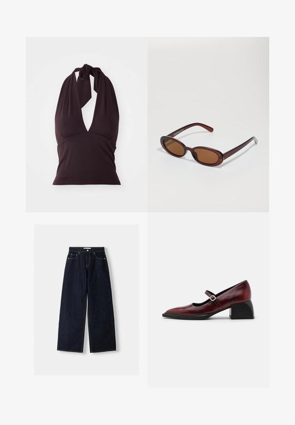 Halterneck-Top in Dunkelpurpur, aus glattem Stoff gefertigt. Verfügt über einen tiefen V-Ausschnitt und Raffung unter der Brust. Wird am Hals gebunden.; Dunkelblaue, weite Jeans mit hoher Taille, fünf Taschen, Kontrastnähten und silbernem Metallzubehör. Glatte Textur und saubere Verarbeitung.; Burgunderfarbene Leder-Mary Jane-Schuhe mit spitzer Zehe, einem seitlichen Schnallenriemen und einem klobigen schwarzen Absatz. Glatte Oberfläche mit leichtem Glanz.; Runde, braun getönte Sonnenbrillen mit einem glänzenden burgunderfarbenen Rahmen. Schlanke Bügel mit dezentem Branding. Flaches Linsendesign.; Rote glänzende Handtasche mit zwei langen Griffen, rechteckiger Form, glatter Oberfläche und dezentem Faltenmuster. Ausgestattet mit silberfarbenen Beschlägen.