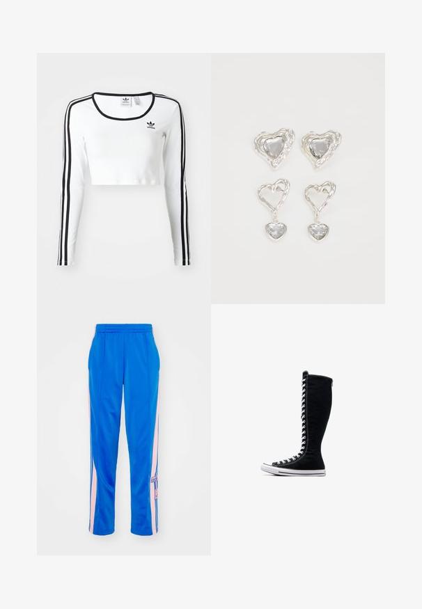 Bela dolga majica s kratkimi rokavi in črnimi črtami na rokavih, okrogel ovratnik in majhen črn logotip na prsi. Gladka tekstura tkanine.; Modre atletske hlače s pink stranskimi črtami. Elastični pas in nalepka z logotipom na levi nogi. Gladek, lahek material z udobnim krojem.; Črne visoke superge z visokim dizajnom, narejene iz platna. Imajo bele vezalke, šivanje in gumijast podplat z zaščito za prste.; Srebrni uhani v obliki srca vsebujejo fasetirane prosojne kamne ter teksturiran okvir. Komplet vključuje stenske in viseče sloge.