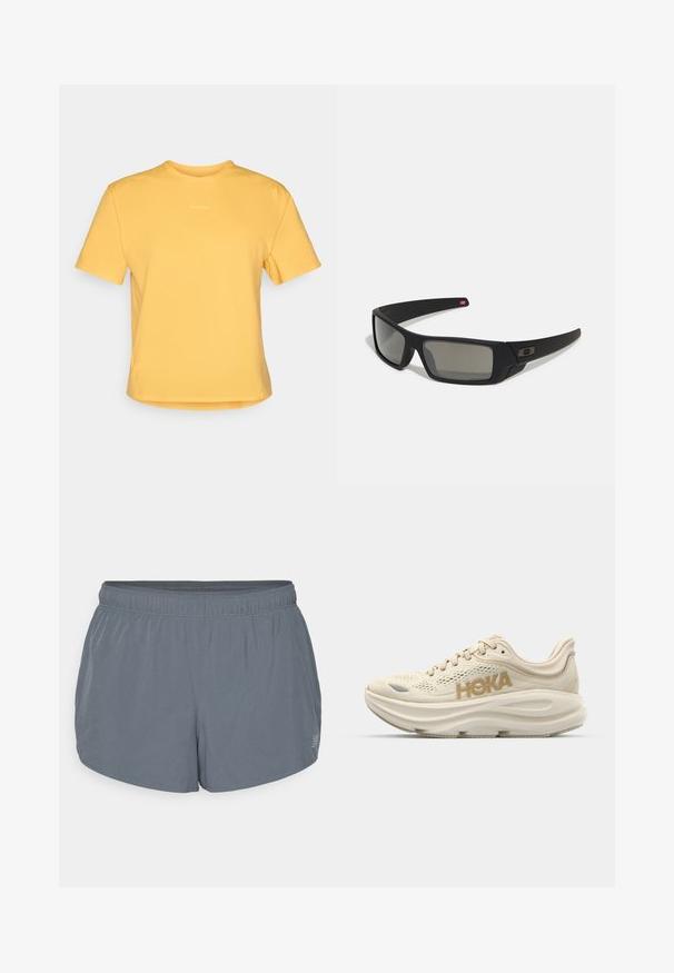 Žuta majica kratkih rukava s okruglim izrezom, izrađena od mekog materijala. Ima suptilan logo na prsima i ravni rub.; Sive atletske kratke hlače s mekom teksturom, elastičnim pojasom i lagano zakrivljenim rubom. Imaju male perforacije za prozračenje.; Svijetlo bež tenisica za trčanje s mrežastim gornjim dijelom, podstavljenim ovratnikom, istaknutim "HOKA" logotipom u zlatnoj boji i debelim, podstavljenim potplatom za udobnost.; Crne sunčane naočale s mat površinom, pravokutnim staklima, blagim zakrivljenjima na sljepoočnicama, suptilnim logotipom i dimnim staklima.