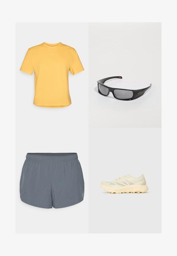 Tricou galben cu mânecă scurtă, cu un guler rotund, fabricat dintr-un material moale. Prezintă un logo discret pe piept și o tiv drept.; Șorturi atletice gri cu o textură moale, talie elastică și o margine ușor curbată. Prezintă mici perforații pentru respirabilitate.; Tenis sportiv de culoare bej deschis, cu partea superioară translucida, talpă groasă și ușor amortizată, șireturi laterale și logo-ul Vibram pe talpa exterioară.; Ochelari de soare negri Oakley, cu lentile întunecate dreptunghiulare și brațe curbate, pe un fundal alb simplu.
