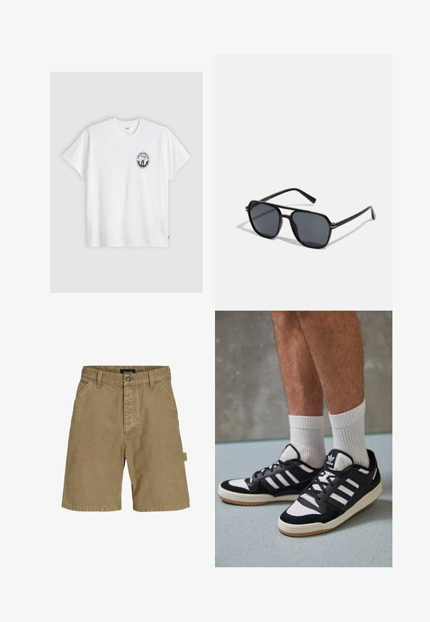 Balta medvilnė marškinėliai trumpomis rankovėmis, apvaliu kaklu ir juodu apvaliu logotipu kairėje krūtinės pusėje, su stilizuotu dizainu.; Bežinės medvilninės šortai su tiesiu kirpimu, turintys šonines kišenes, priekinį mygtuką ir logotipą ant nugaros.; Juodos ir baltos sportinės bateliai su zomšiniu ir odiniu viršumi, su trimis baltomis juostelėmis, perforuota koja ir guminėmis padais.; Juodos akiniai nuo saulės su aštuonkampiu rėmeliu, tamsiais objektyvais, blizgiu paviršiumi, plonomis šakutėmis ir auksinėmis akcentais priekyje.