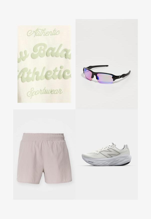 Tela de color crema con texto elevado en verde pálido que dice "Auténtico", "Balanco", "Atlético" y "Ropa deportiva."; Pantalones cortos de color beige claro con una cinturilla elástica, textura suave y diseño sencillo. No presenta cierres visibles ni patrones.; Zapatillas deportivas blancas con parte superior de malla, que cuentan con un cuello acolchado, suela texturizada y la marca "Fresh Foam" en la entresuela.; Gafas de sol deportivas negras con un acabado brillante, lentes de espejo tintados en púrpura y patillas negras curvas. Presenta el logo en el armazón.