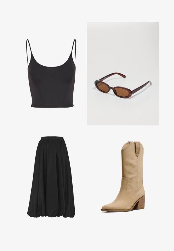 Black, sleeveless crop top made of smooth fabric. Features thin spaghetti straps and a scoop neckline, with a fitted design.; Black, knee-length skirt with gathered fabric. Elastic waistband, smooth texture, and a flowing silhouette without any visible patterns or accents.; Bershka HIGH-HEEL - Cowboy/Biker boots - beige; Round, brown-tinted sunglasses with a glossy burgundy frame. Slim arms with subtle branding detail. Flat lens design.