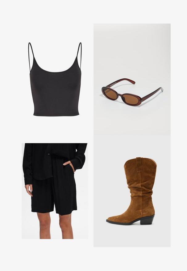Top croptop negru, fără mâneci, fabricat dintr-un material neted. Dispune de bretele subțiri tip spaghetti și un decolteu rotund, având un design ajustat.; Shorts negri, cu croi lejer, fabricate dintr-un material moale, cu talie elastică și buzunare laterale; asortați cu o cămașă cu butoni, pe aceeași nuanță.; Botină cowboy din suede maro, cu un design lejer, vârf ascuțit și toc stratificat. Prezintă detalii cusute și un manșon în spate.; Ochelari de soare rotunzi, cu nuanțe de brown și cu un cadru lucios de burgund. Brațe subțiri cu detalii subtile de branding. Design cu lentile plate.