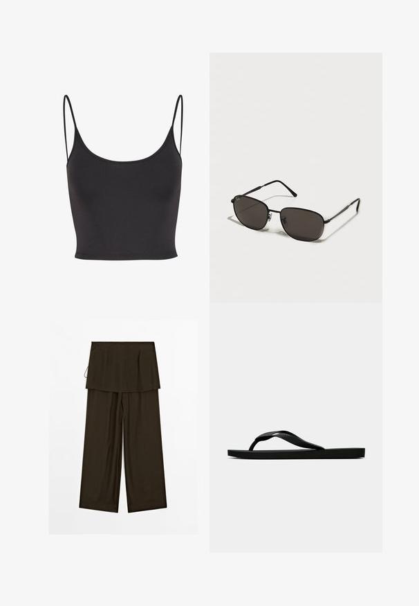 Zwarte, mouwloze crop top van gladde stof. Heeft dunne spaghetti-bandjes en een ronde halslijn, met een getailleerd ontwerp.; Brede broek in donkerbruin stof met een gelaagd ontwerp rond de taille. Soepele textuur, strakke lijnen en een ontspannen pasvorm. Geen zichtbare hardware.; Zwarte rubberen flip-flop sandaal met een getextureerde strap en een eenvoudige platte zool, zijaanzicht op een effen lichte achtergrond.; Zwarte metalen zonnebril met ovale monturen, donkere lenzen, slanke tempels en een subtiel logo op de linkerlens. Elegant, minimalistisch ontwerp.