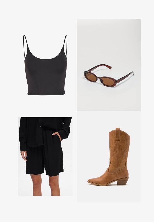 Melnas bez piedurknēm augšdaļas, kas izgatavota no gludas auduma. Aprīkota ar plānām spageti siksnām un apaļu kakla izgriezumu, ar pieguļošu dizainu.; Melni brīvi pieguļoši šorti, kas izgatavoti no mīksta auduma, ar elastīgu jostasvietu un sāniem kabatām; kopā ar atbilstošu pogu krekls.; Brūni ādas kovboju zābaks ar norādītu purngalu, izšūtām viļņveida apakšējo detaļu un sakrautajiem blokiem. Iezīmēts ar velkšanas cilpu ērtai uzvilkšanai.; Apaļas, brūnīgi nokrāsotas saulesbrilles ar spīdīgu bordo rāmīti. Šauri kāti ar diskrētu zīmola detaļu. Plakana objektīva dizains.