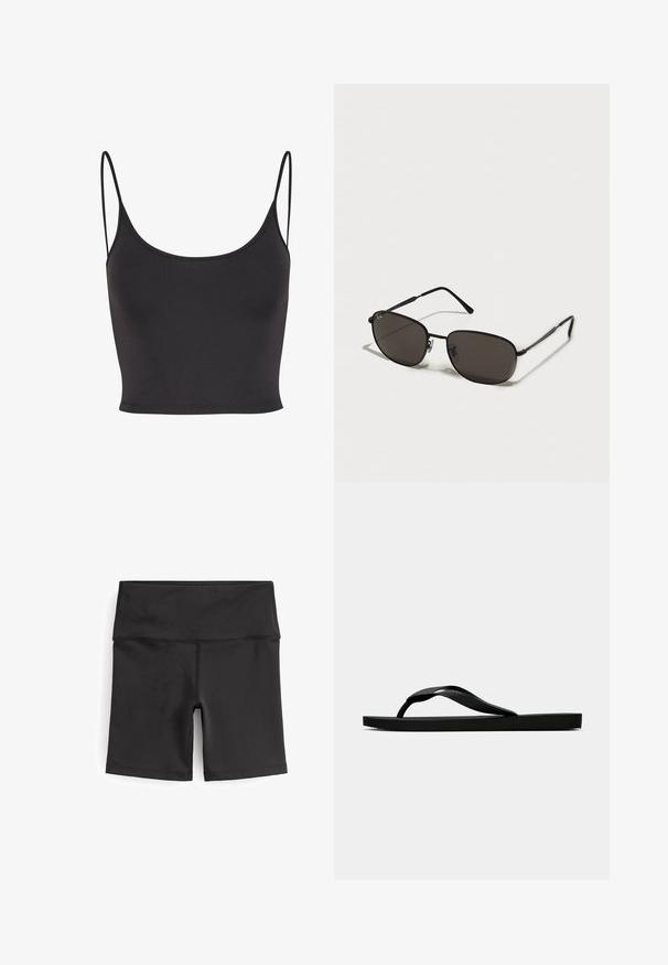 Černý, bezrukávový crop top z hladkého materiálu. Má tenké ramínka a kulatý výstřih, s přiléhavým střihem.; Next CYCLING - Šortky - ultimate black; Černé gumové žabky s texturovaným páskem a jednoduchou plochou podrážkou, zobrazené z boku na světlém pozadí.; Černé sluneční brýle s oválnými rámy, tmavými skly, štíhlými nohami a nenápadným logem na levém skle. Elegantní, minimalistický design.