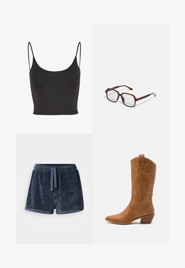 Zwarte, mouwloze crop top van gladde stof. Heeft dunne spaghetti-bandjes en een ronde halslijn, met een getailleerd ontwerp.; Marineblauwe badstofshorts met een elastische tailleband, verstelbaar trekkoord en een klein geborduurd logo aan de zijkant. Zachte textuur.; Tan leren cowboylaars met puntige neus, geborduurde spiraalpatronen op de schacht en een gestapelde blokhak. Voorzien van een trekband voor gemakkelijke aan- en uittrekken.; Bruine, rechthoekige bril met transparante glazen en paarse tinten. Glad kunststof montuur met rechte pootjes en subtiele accenten.; Zwarte leren hobo-tas met een enkele, zachte, afgeronde handgreep; heeft een gladde textuur en een minimalistisch ontwerp. Geen zichtbare hardware of accenten.; Zilveren hoepel oorbellen met een minimalistisch ontwerp. Cirkelvormig, gladde textuur en dun profiel. Lichtgewicht met een gepolijste afwerking.