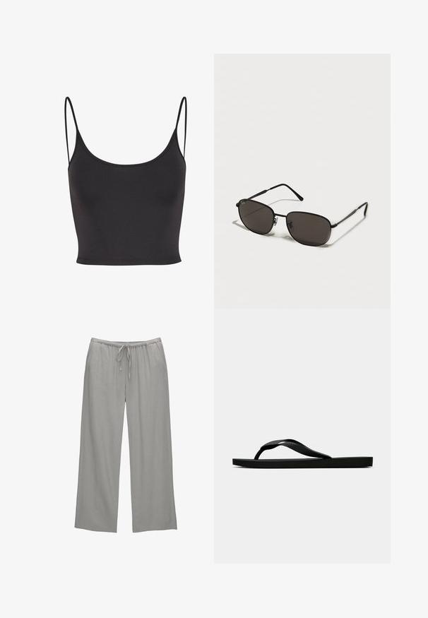 Black, sleeveless crop top made of smooth fabric. Features thin spaghetti straps and a scoop neckline, with a fitted design.; Light gray wide-leg pants made of soft fabric, featuring an elastic waistband with a drawstring, and side pockets.; Black rubber flip-flop sandal with a textured thong strap and simple flat sole, shown from side on a plain light background.; Black metal sunglasses with oval frames, dark lenses, slim temples, and a subtle logo on the left lens. Elegant, minimalistic design.; Black leather handbag with a structured rectangular shape. Features a golden oval clasp and a thin shoulder strap. Smooth texture.
