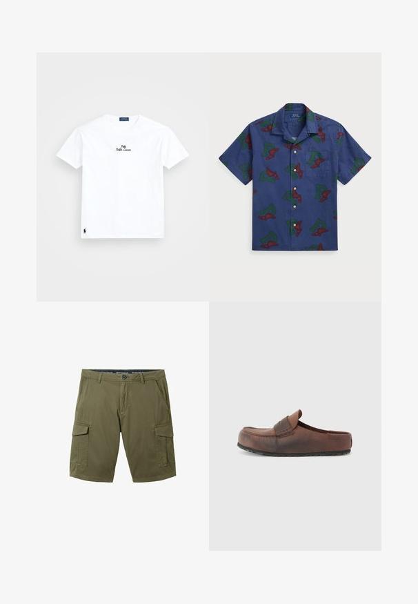 Camiseta de algodón blanca con cuello redondo, mangas cortas, logo negro bordado de "Polo Ralph Lauren" en el pecho y pequeño logo negro en el dobladillo.; Camisa de botones de manga corta en algodón azul marino, con un gráfico repetido de una "P" alada en rojo y verde, y un bolsillo en el pecho.; Pantalones cortos de carga verde olivo hechos de tejido de mezcla de algodón, con dos bolsillos laterales y dos bolsillos de carga, con cierre de botón y cintura con trabillas.; Zapato marrón de cuero sin cordones con punta redondeada, costuras decorativas y suela de goma texturizada. Diseño simple y acentos mínimos.