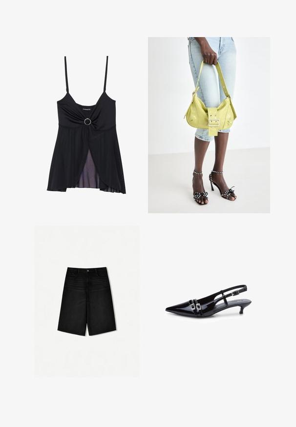 Fekete top vékony pántokkal, csavart csomó dizájnnal, középső gyűrű akcentussal és áttetsző, réteges szegéllyel. Könnyű anyagból készült.; Fekete farmer rövidnadrág, laza szabással, klasszikus derékkal, elülső zsebekkel és egyenes szabással, amely éppen térd felett végződik.; Fekete lakk bőr slingback magassarkú, hegyes orral, ezüst csat díszítéssel és 5 cm-es pici sarkúval. Simító felület és minimális dizájn jellemzi.; Sárga perforált kézi táska csat részlettel és állítható pánttal, farmer rövidnadrággal és fekete magas sarkú szandállal, amelyeken masnik vannak.