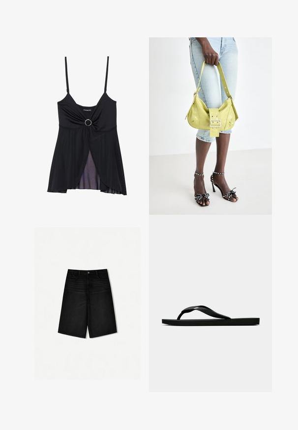 Camisole negru cu bretele subțiri, design cu nod răsucit și accent cu cerc central, având un tiv stratificat transparent. Fabricat dintr-un material ușor.; Șorturi din denim negru, cu o croială relaxată, având un tiv tradițional, buzunare frontale și un croi drept care se termină puțin deasupra genunchiului.; Sandala flip-flop din cauciuc negru, cu un bretele texturat și o talpă simplă și plată, prezentată din lateral pe un fundal simplu și deschis.; Geantă galbenă perforată cu detaliu cu cataramă și curea ajustabilă, asortată cu jambiere din denim și sandale negre cu toc înalt și fundițe.