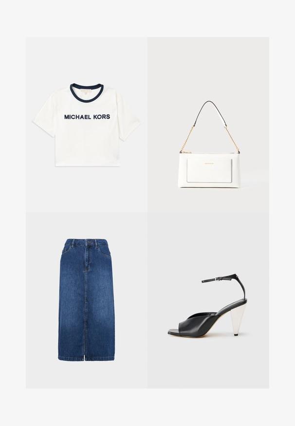 Kuttet hvit t-skjorte med marineblå krage, med "MICHAEL KORS" trykket i marineblå. Laget av myk bomull med kortermet.; Mørkeblå denimskjørt med rett snitt, midtlengde, front knappelukking og subtile sømdetaljer. Nederkanten er litt opprevet.; Svart lær høyhælte sandaler med åpen tå, asymmetrisk design, ankelstropp og en metallisk kjegleformet hæl. Glatt tekstur hele veien.; Hvit lærveske med teksturert overflate, utstyrt med gullkjede for å bære over skulderen og svarte detaljer. Inkluderer en frontlomme og glidelås.
