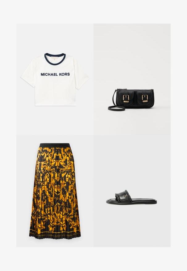 Kratka bela majica s mornarsko modrim ovratnikom, na kateri je natisnjeno "MICHAEL KORS" v mornarsko modri barvi. Narejena iz mehkih bombažnih vlaken, s kratkimi rokavi.; Plisirana krila z črnim materialom in živahnim zlatim cvetličnim vzorcem. Pas je črn z embosiranim napisom.; Črne usnjene sandale z detajlom iz tkane naramnice, ravnim podplatom in elegantnim oblikovanjem. Gladka tekstura in minimalistični profil.; Črna usnjena torbica čez ramo z dvema sprednjima žepoma, zlatimi zaponkami, zadrgo in ozkim pasom. Tekstura površine je strukturirana, obliko pa ima kompaktno pravokotno.