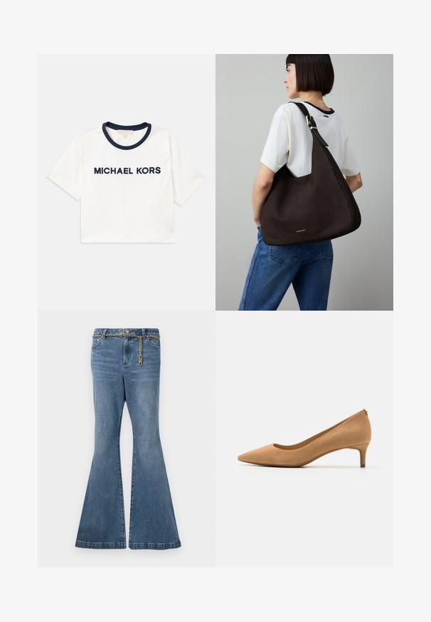 T-shirt blanc court avec encolure marine, arborant "MICHAEL KORS" imprimé en marine. Fabriqué en coton doux avec des manches courtes.; Jean flare en denim délavé moyen, avec un détail en chaîne dorée à la taille et une conception standard à cinq poches.; Chaussure à talon haut à bout pointu en daim beige, présentant un talon bas et une texture lisse. Silhouette classique avec un léger détail à l'arrière.; Sac à main en cuir marron foncé de forme triangulaire, au design élégant, avec des accents métalliques dorés et une large bandoulière.