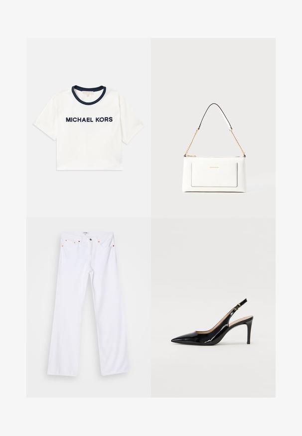 Cropped white t-shirt with navy neckline, featuring "MICHAEL KORS" printed in navy. Made from soft cotton with short sleeves.; White denim flared jeans featuring orange stitching, five pockets, and a metal button closure. Surface has a smooth, slightly textured finish.; Black patent leather slingback pump with pointed toe, slim heel, and a subtle cutout design. Features a gold buckle on the strap.; White leather handbag with a textured finish, featuring a gold chain strap and black accents. Includes a front pocket and zipper closure.
